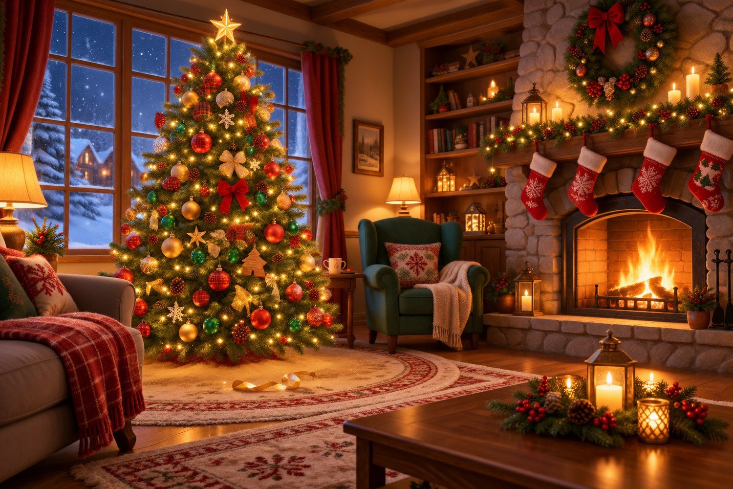 A cozy living room decorated for Christmas
